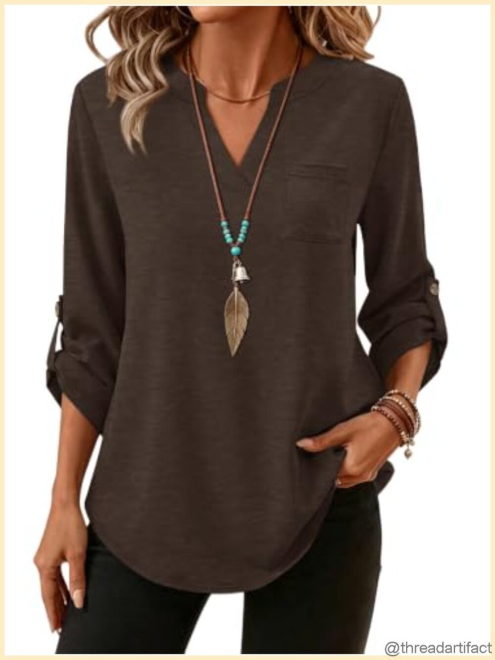 Womens 3/4 Sleeve V Neck Tunic Top Side Buttons Loose Fit Casual Blouse